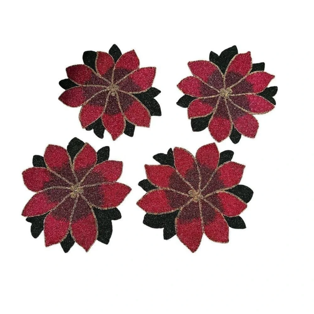 Vintage Beaded Poinsettia Holiday Placemats Set‎ Of 4 Red/Green/Gold Chargers
